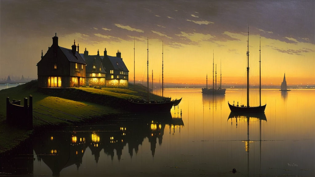 Twilight scene: harbor, silhouetted ships, hillside house, small boats, gradient