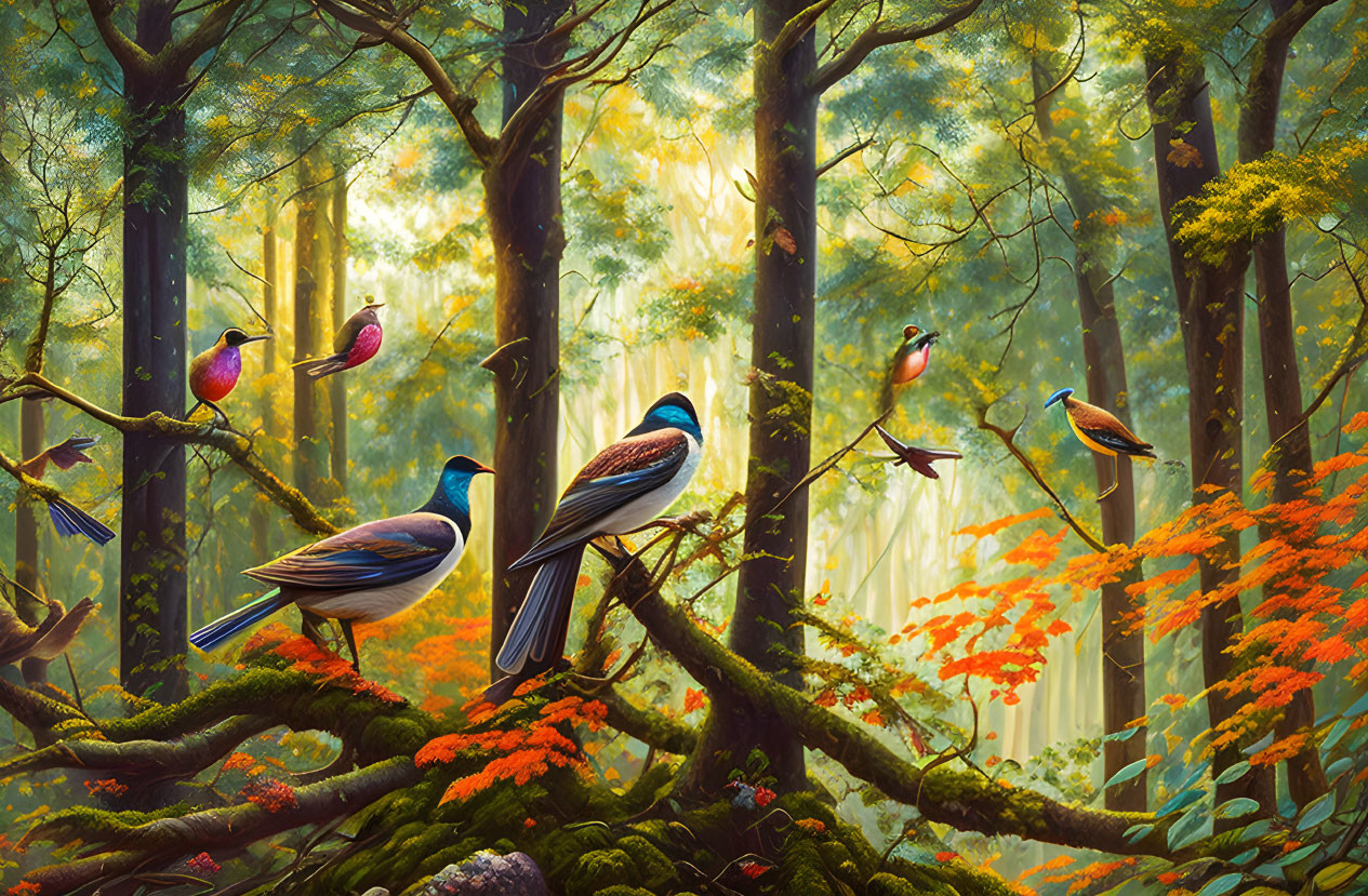 Colorful Birds Perched in Vibrant Forest Scene with Moss-Covered Branches