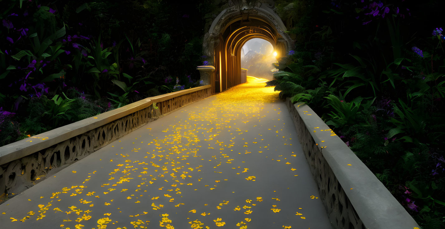 Mystical Pathway with Yellow Petals, Bright Archway, Greenery & Purple Flowers