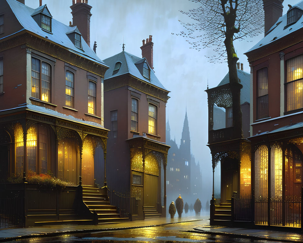 Elegant Townhouses on Illuminated Street at Dusk