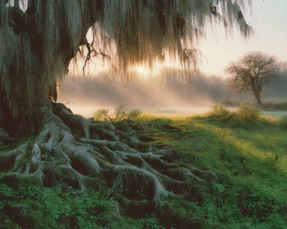 Misty dawn landscape with moss-covered tree and sunlight