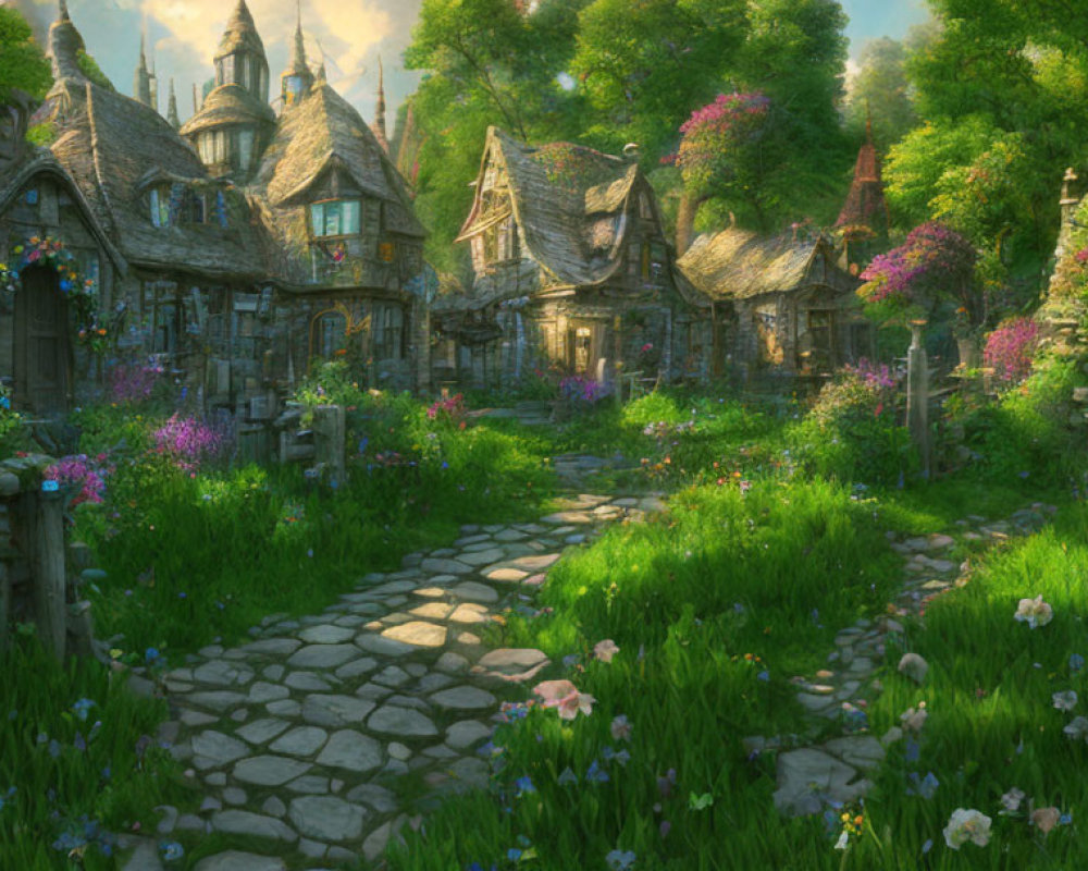 Fantasy village with cottages, greenery, and flowers