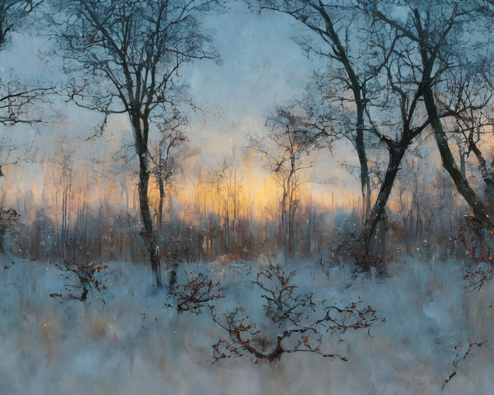 Panoramic winter landscape with tall leafless trees and warm sunrise.