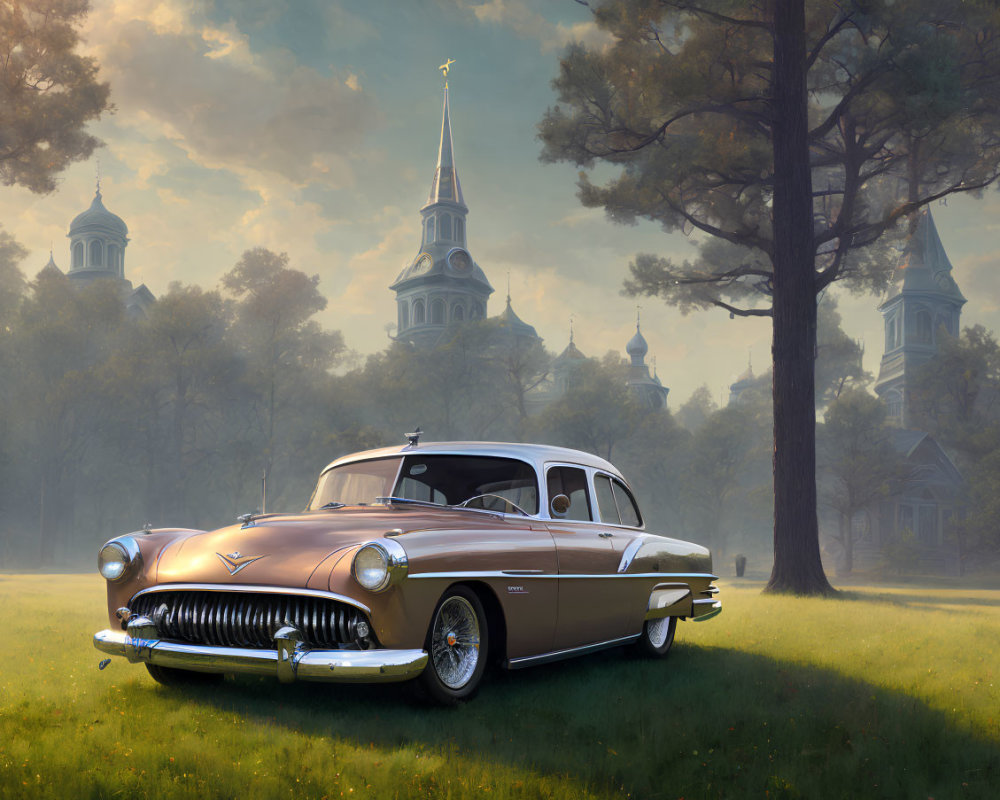 Classic Car Parked in Sunlit Field with Classical Architecture