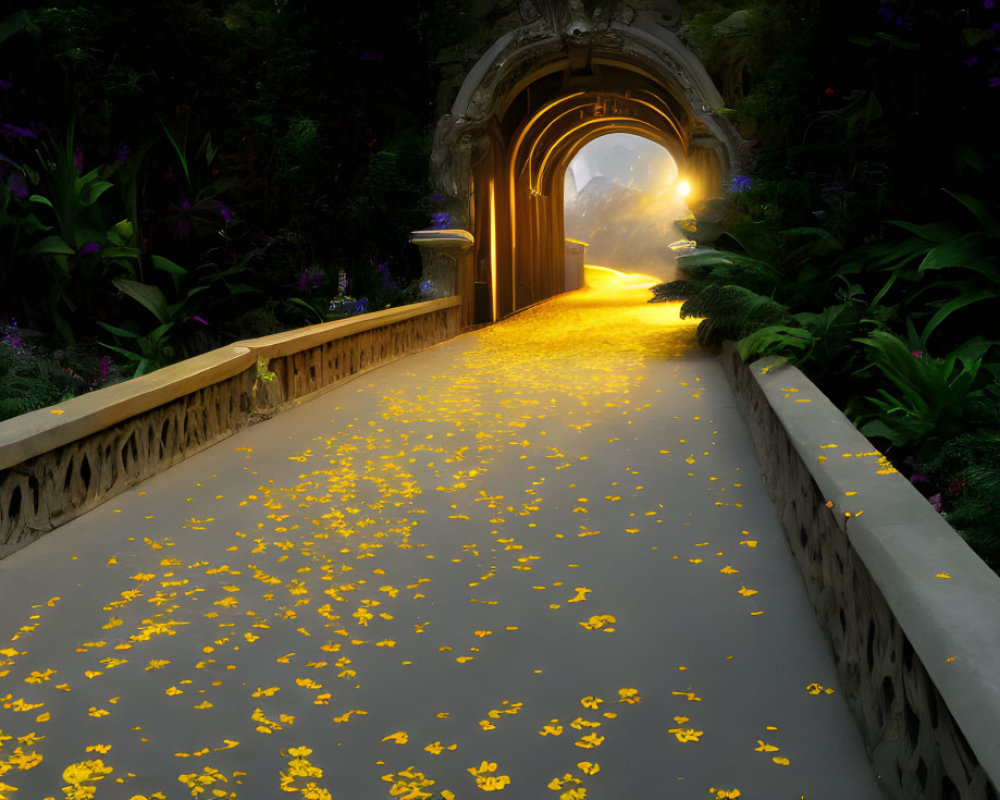 Mystical Pathway with Yellow Petals, Bright Archway, Greenery & Purple Flowers