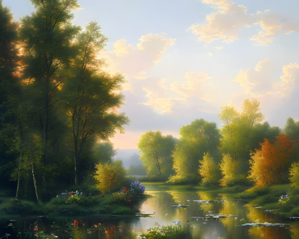 Tranquil sunset river scene with golden light and lush green trees