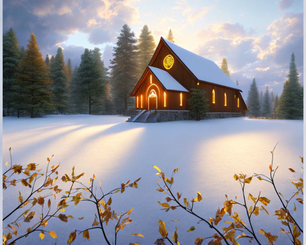 Snowy landscape with wooden chapel at dusk: warm lights against cool twilight