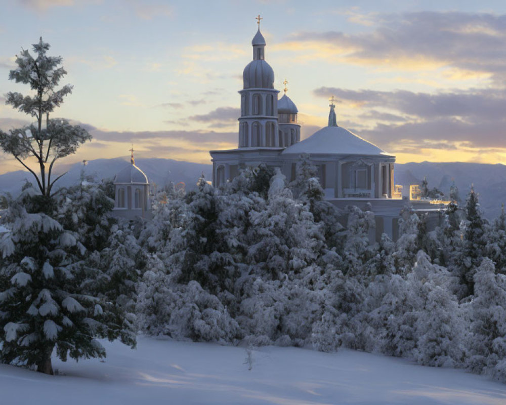 Winter scene: snowy landscape with frosted trees, church domes, and cloudy sky.