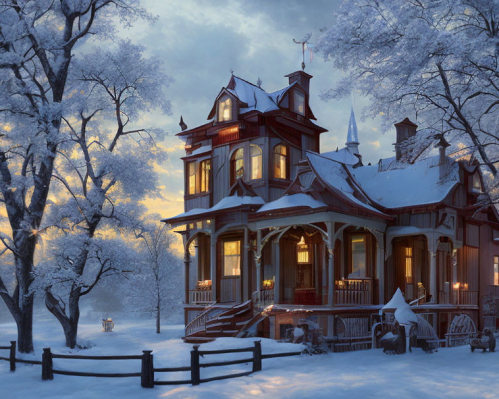 Victorian-Style House in Snow-Covered Twilight