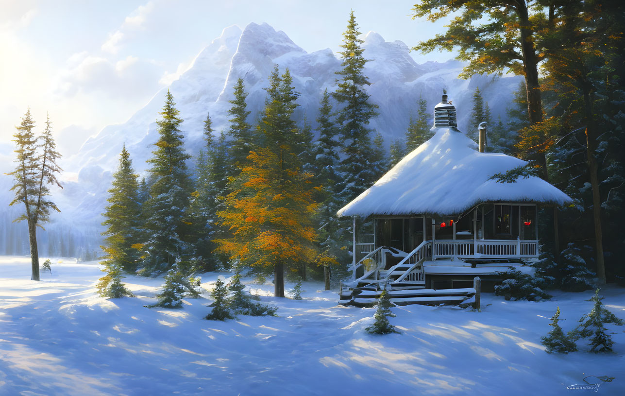 Snow-covered cabin in winter forest with autumn foliage and mountain view