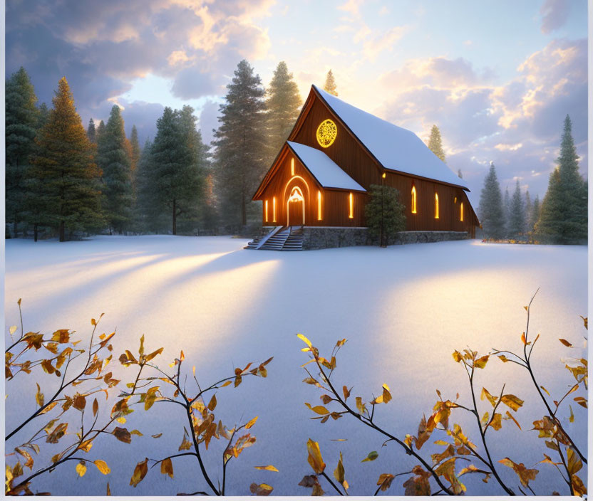 Snowy landscape with wooden chapel at dusk: warm lights against cool twilight