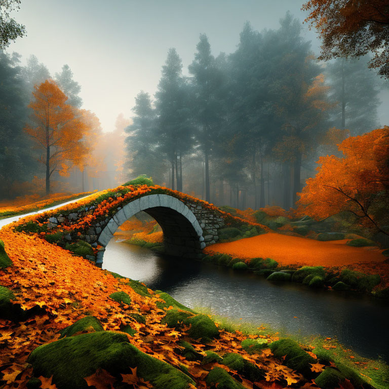 Stone bridge over tranquil river in autumn forest with foggy atmosphere