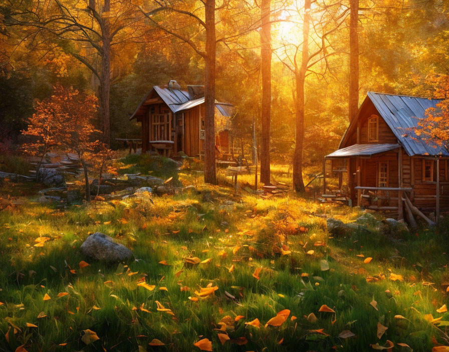 Autumnal forest cabins with vibrant foliage and warm glow