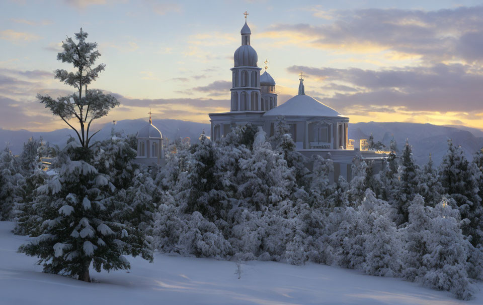 Winter scene: snowy landscape with frosted trees, church domes, and cloudy sky.