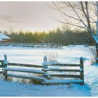 Winter sunrise scene: snow-covered landscape, wooden fence, bare trees, autumn foliage hints, soft glowing