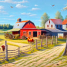 Rural autumn landscape with barns, house, and trees