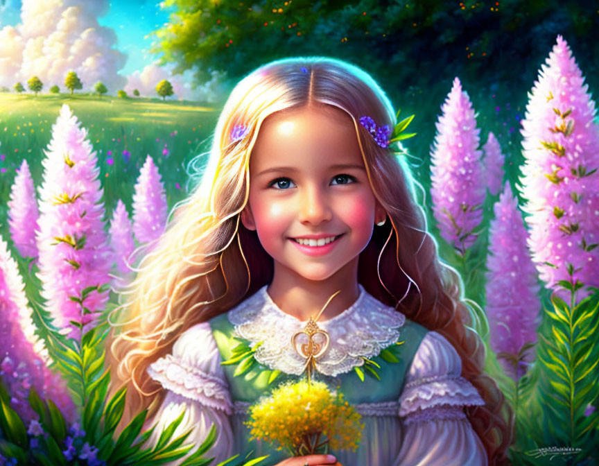 Young girl with flowers in hair surrounded by pink blooms under sunny sky