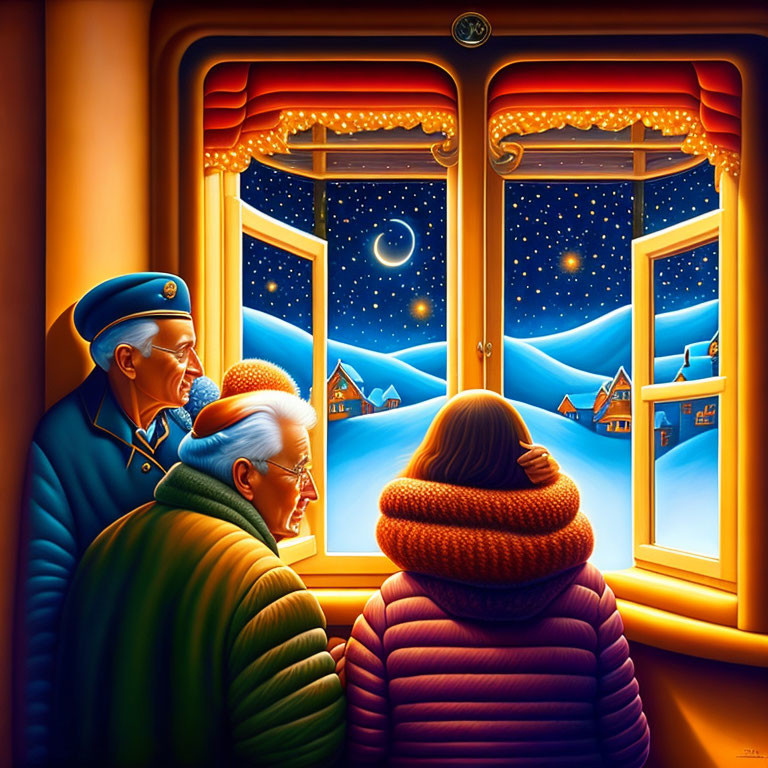 Elderly couple and young girl looking out snowy window at night