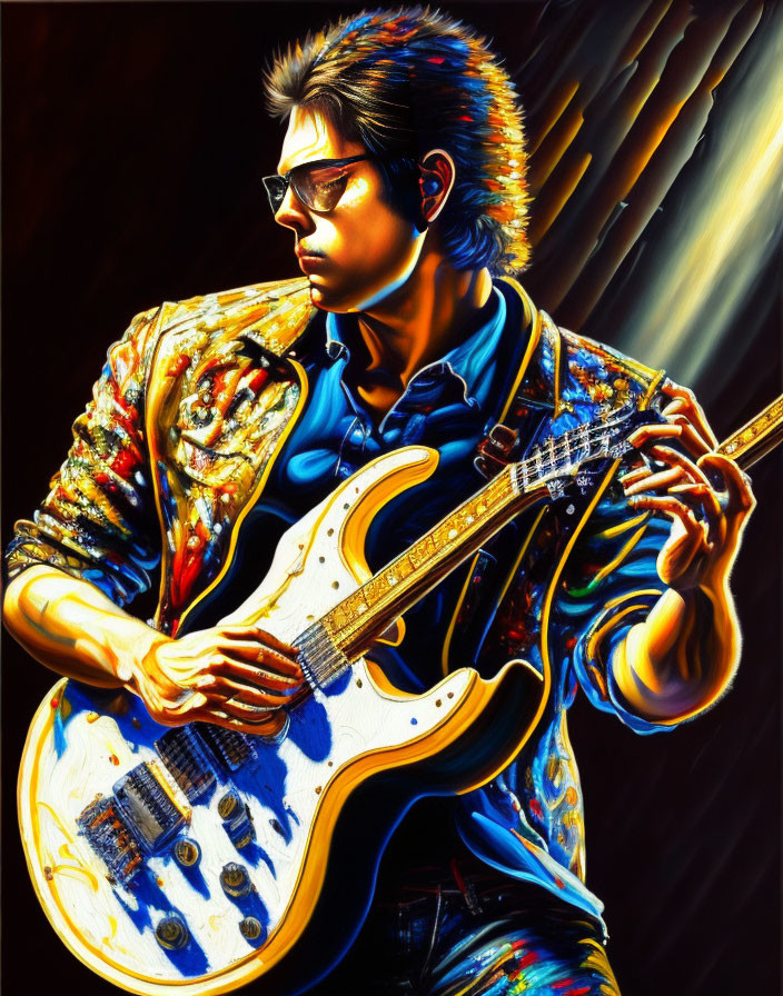 Colorful Artwork Featuring Person with Guitar in Rock-and-Roll Theme