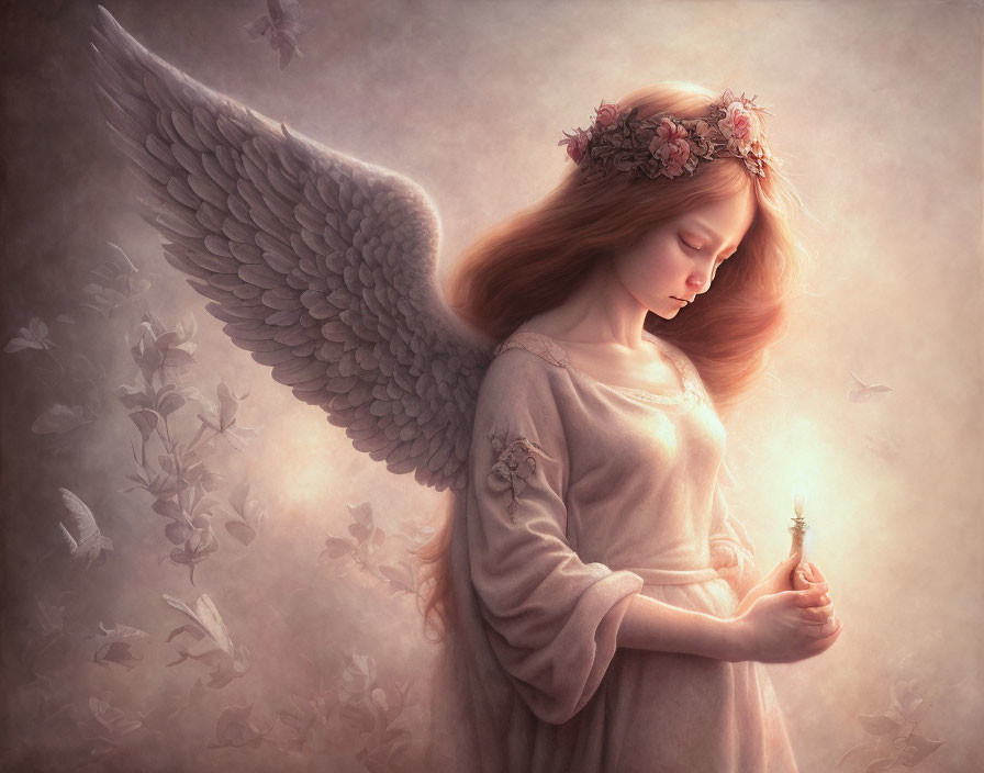 Ethereal figure with angel wings and floral crown in soft light with doves