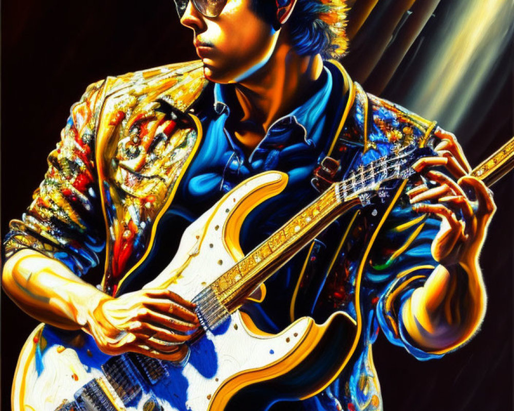 Colorful Artwork Featuring Person with Guitar in Rock-and-Roll Theme
