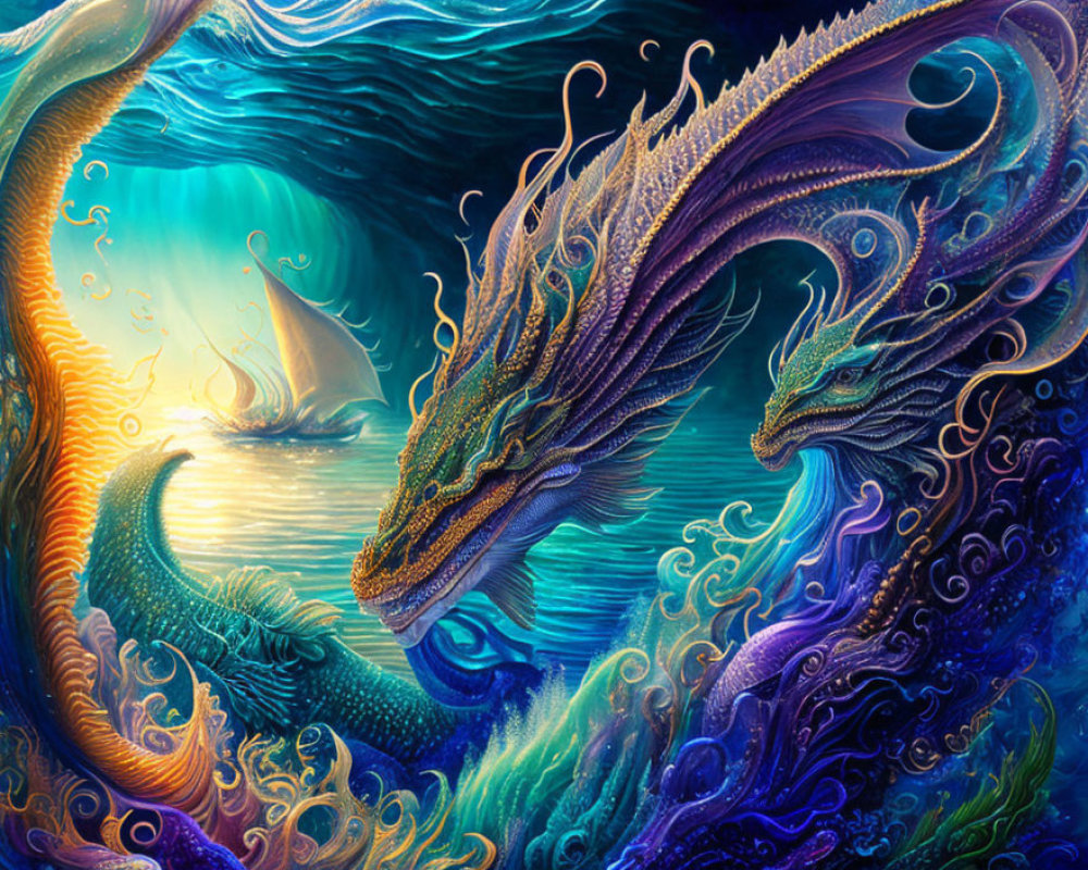 Digital Art: Ornate dragons with ocean waves and sailing ship in vibrant scenery