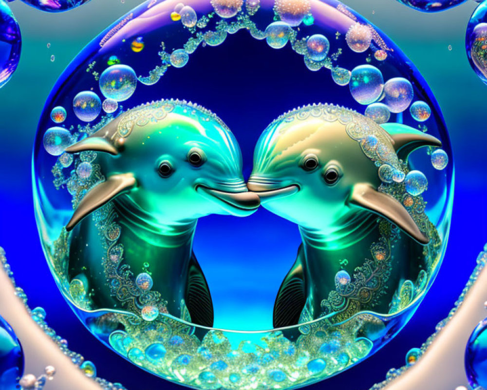 Digitally rendered dolphins in bubble with intricate designs on blue gradient.