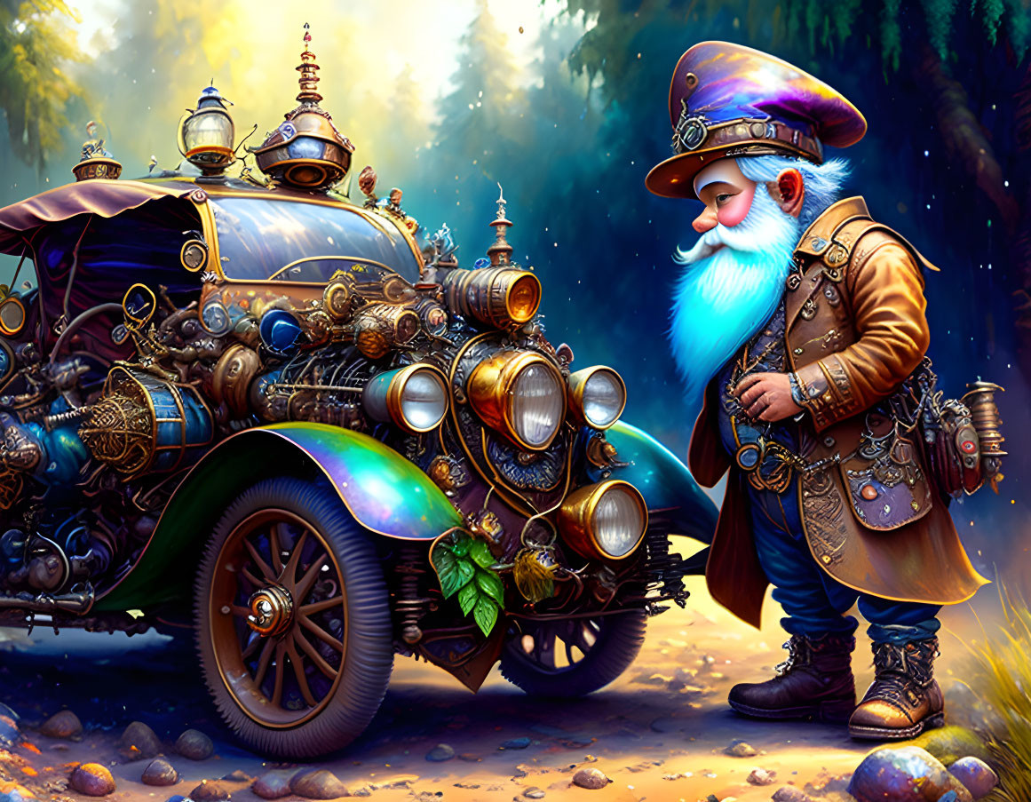 Whimsical steampunk gnome with mechanical car in magical forest