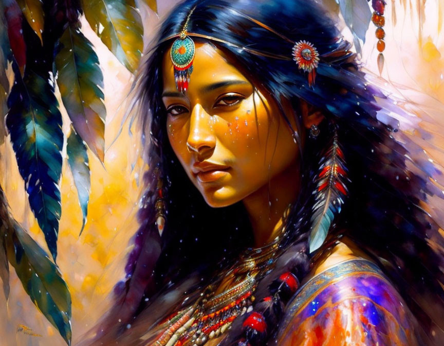 Portrait of a Woman with Dark Hair and Native American Jewelry