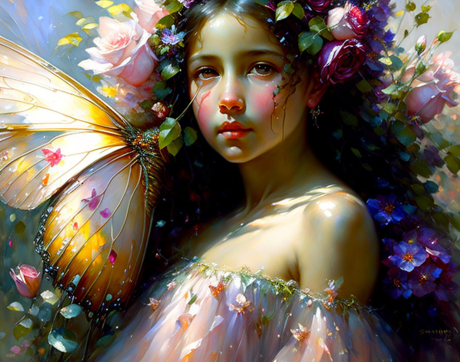 Young girl with butterfly wings in a floral setting, ethereal and detailed.