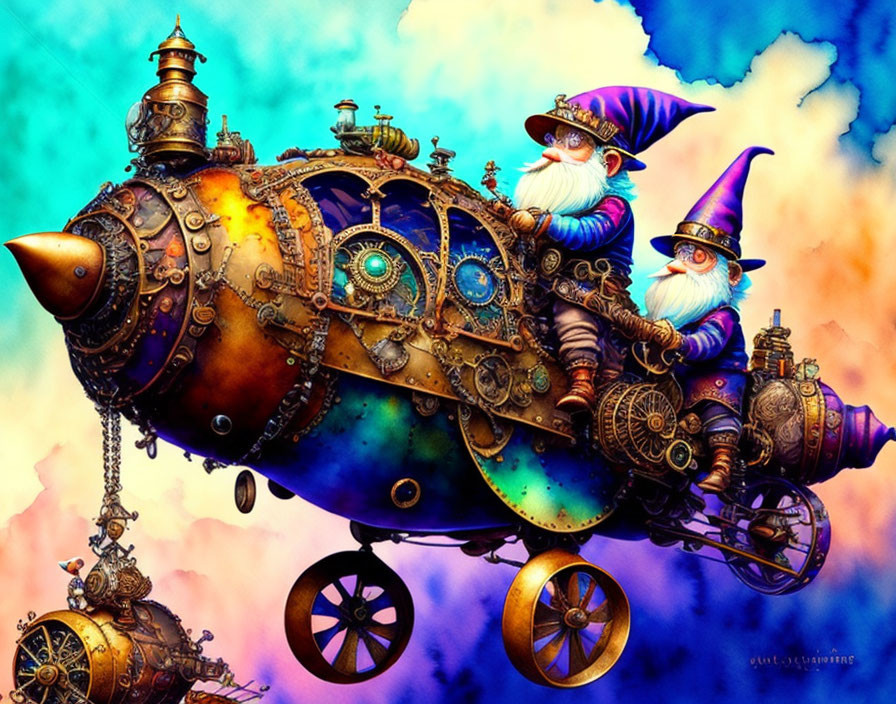 Whimsical wizards on steampunk airship in vibrant sky