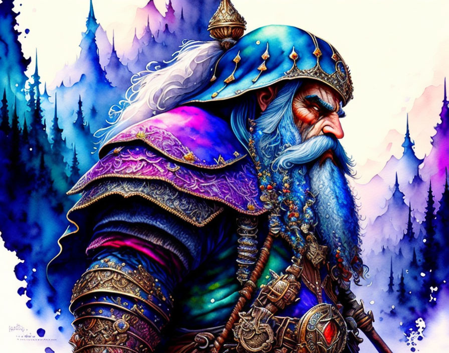 Majestic fantasy dwarf king in regal blue and purple armor