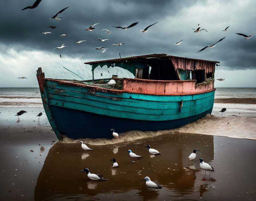 Desolate blue boat on sandy beach with seagulls under stormy sky