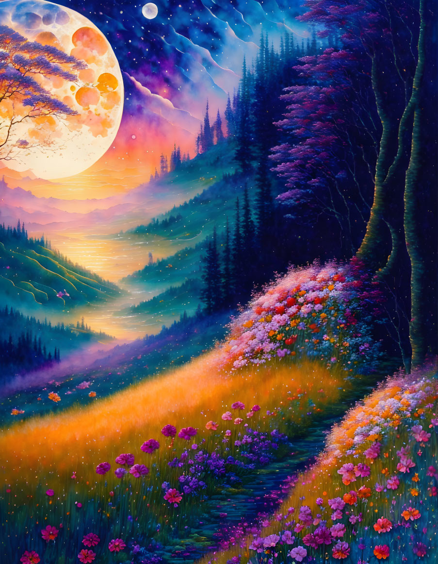 Fantasy landscape at night: moon, starry sky, luminous flowers, silhouetted