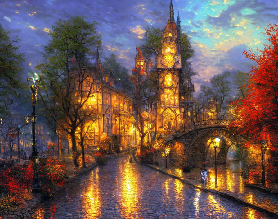 Twilight scene: Cobblestone street, clock tower, bridge, classical buildings, autumn trees