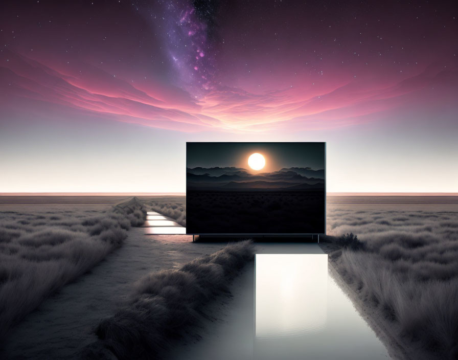 Surreal image of TV in grassy field with sunset blending into landscape