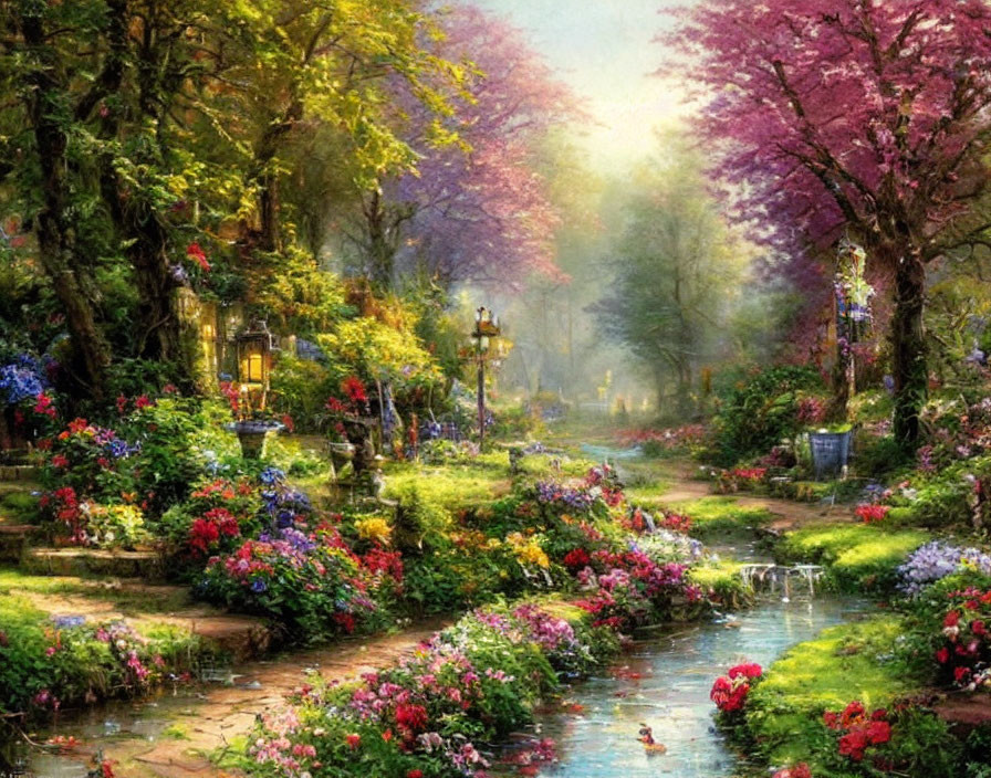 Tranquil garden path with blooming trees, flowerbeds, stream, and lamp posts