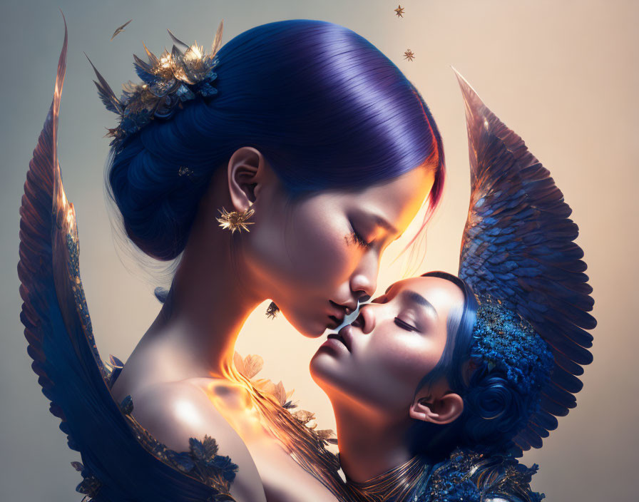 Ethereal figures with blue hair and wings embracing against warm backdrop