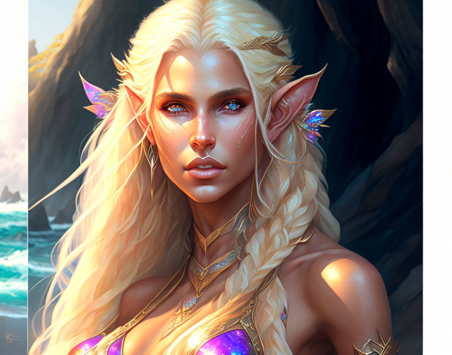 Fantasy female elf digital artwork with platinum blonde hair and golden armor by seaside cliff