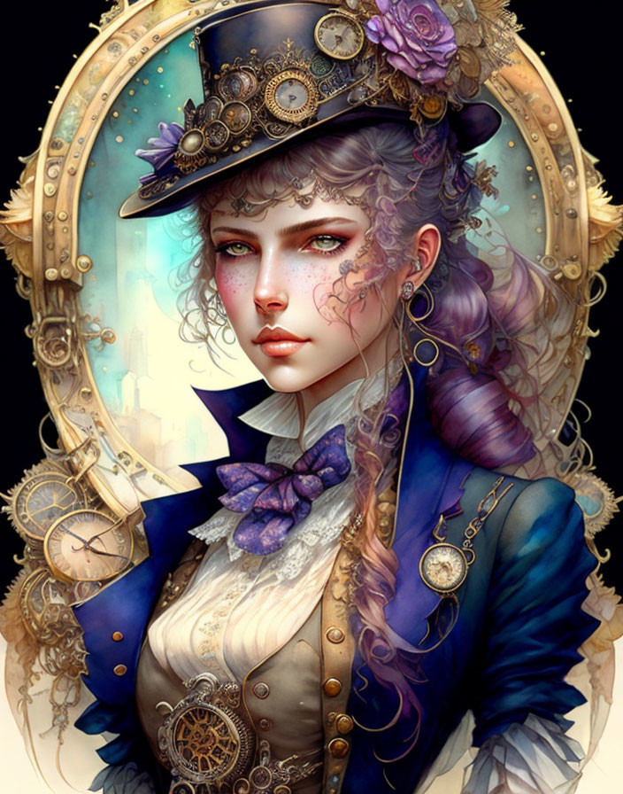 Steampunk-themed illustration of a woman with gear accessories and cityscape reflection.