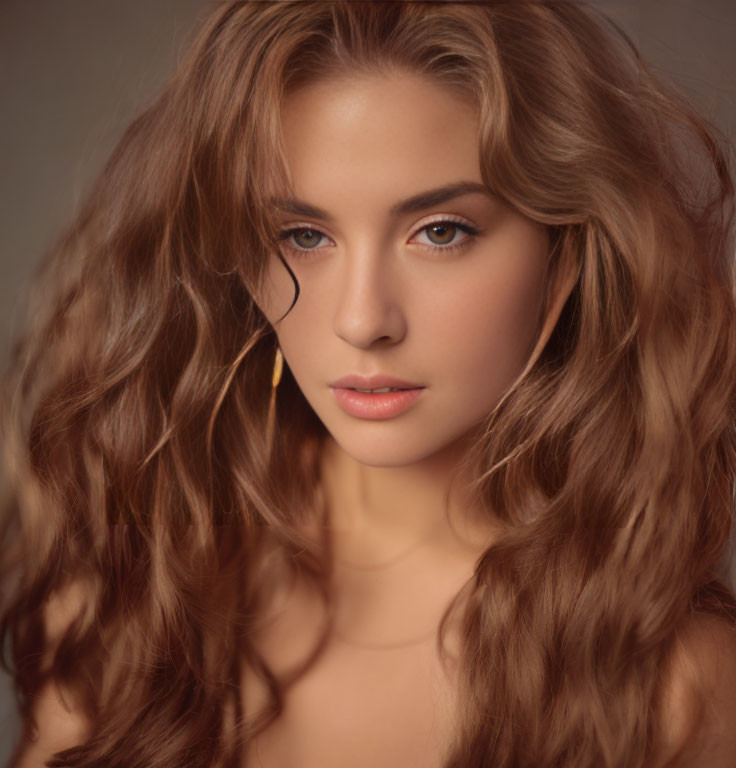 Woman with Voluminous Wavy Brown Hair and Soft Makeup Portrait