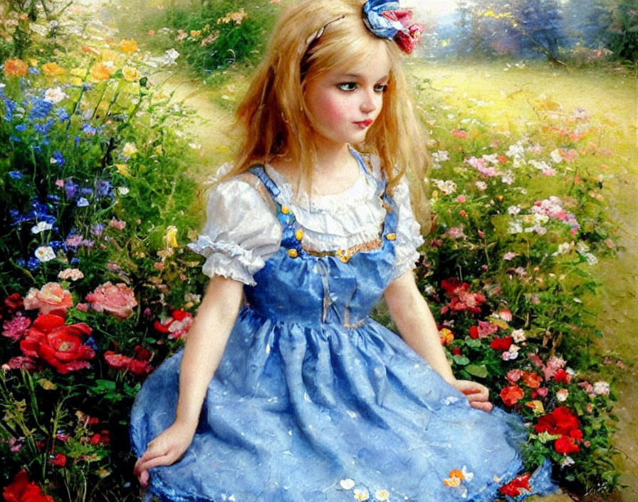 Young girl in blue dress with yellow accents amidst colorful flowers