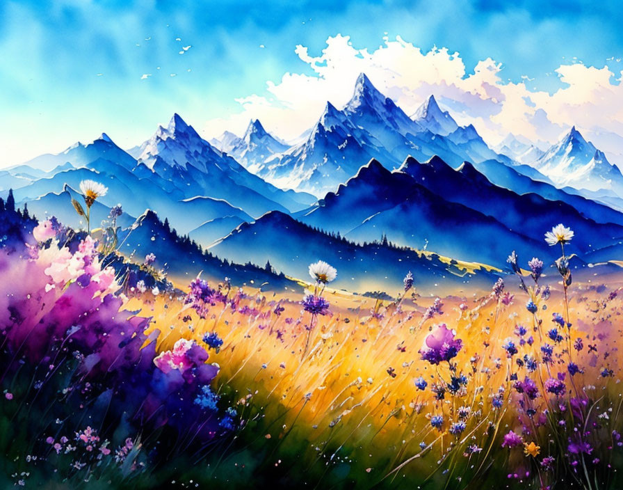 Scenic watercolor landscape: wildflowers and snowy mountains