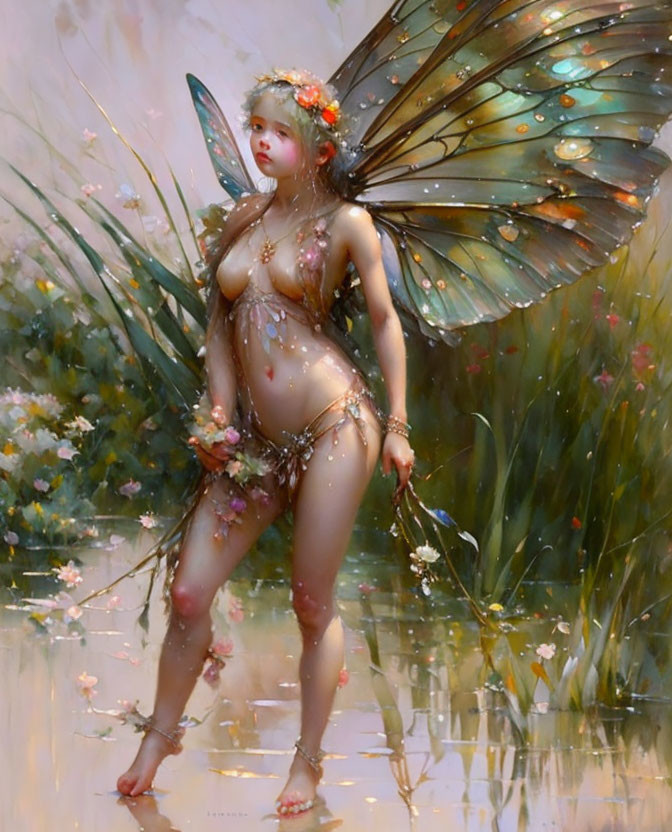 Fantasy illustration: Female figure with butterfly wings in lush greenery