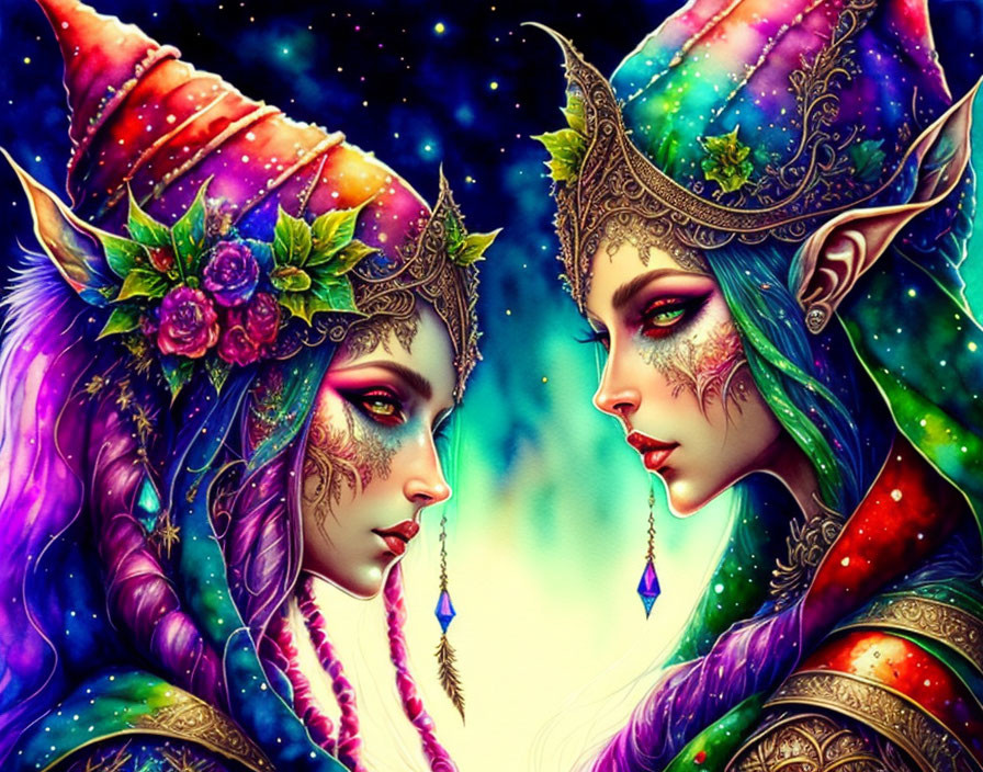 Fantasy elves in colorful attire on vibrant background