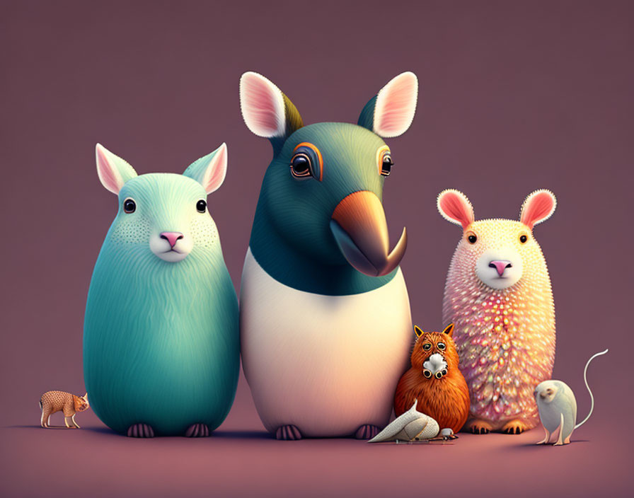 Colorful Stylized Animals: Tiny lion and rat in front, large anteater, and two