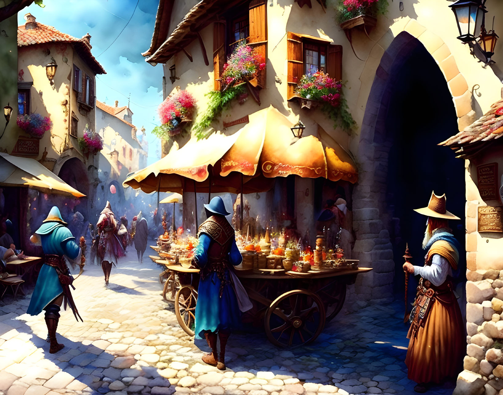 Medieval street scene with vendors, cloaked figures, and vibrant flowers