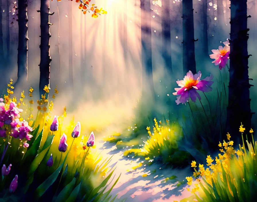 Sunlit Forest Watercolor Painting with Colorful Flowers