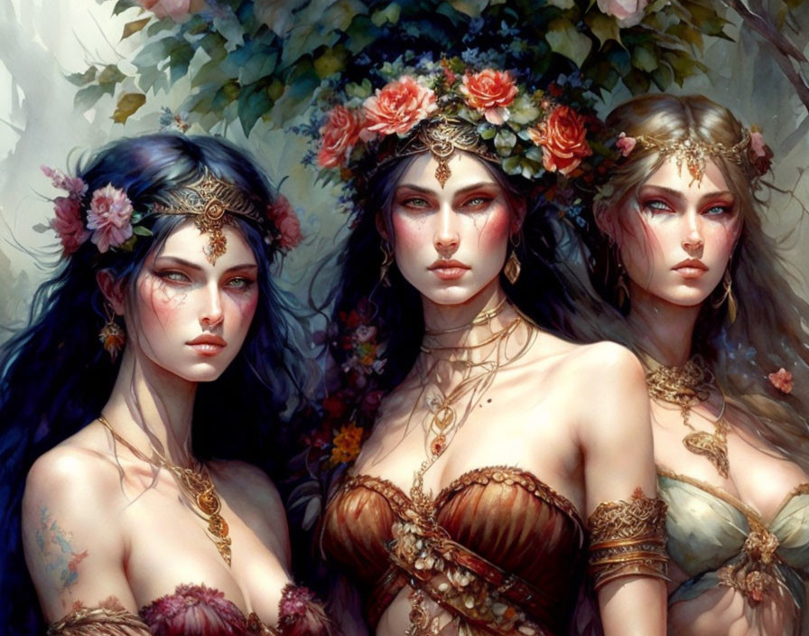 Ethereal women with floral crowns in mystical forest setting