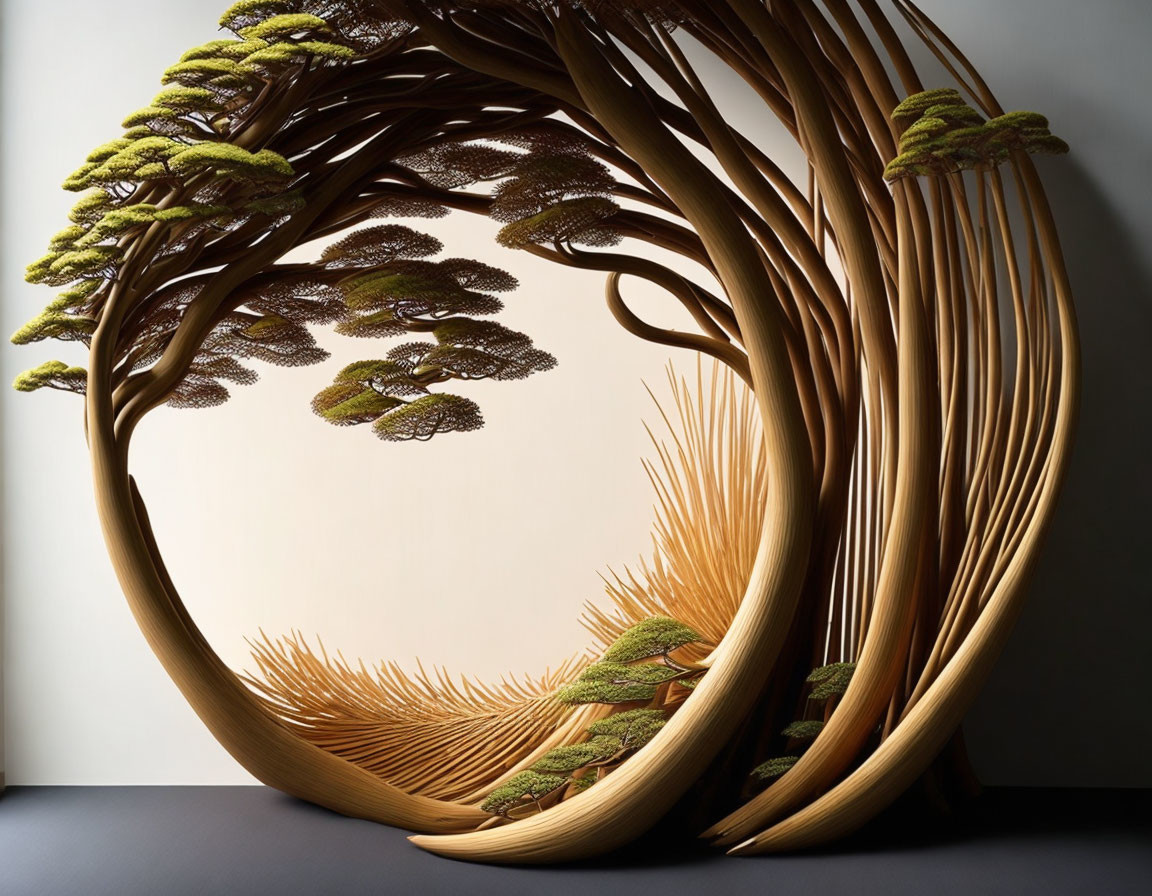 Wooden tree branch mirror with intricate leaf and pine needle textures